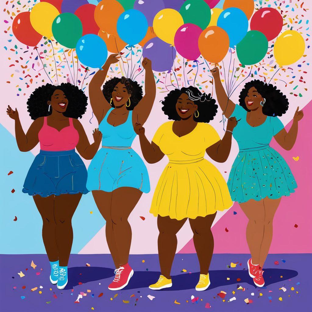 A whimsical and playful illustration showcasing diverse women of different body types joyfully celebrating their curves. Each woman is engaging in humorous activities, like dancing, eating cupcakes, or lounging with a funny book about body positivity, surrounded by colorful balloons and confetti. The scene should radiate positivity and empowerment with vibrant colors and exaggerated features to highlight the fun. cartoon style. vibrant colors. funny and cheerful atmosphere.